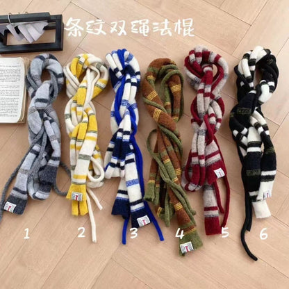 y2k彩虹条纹针织小围脖长条窄版围巾女新款时尚百搭细长条窄围巾