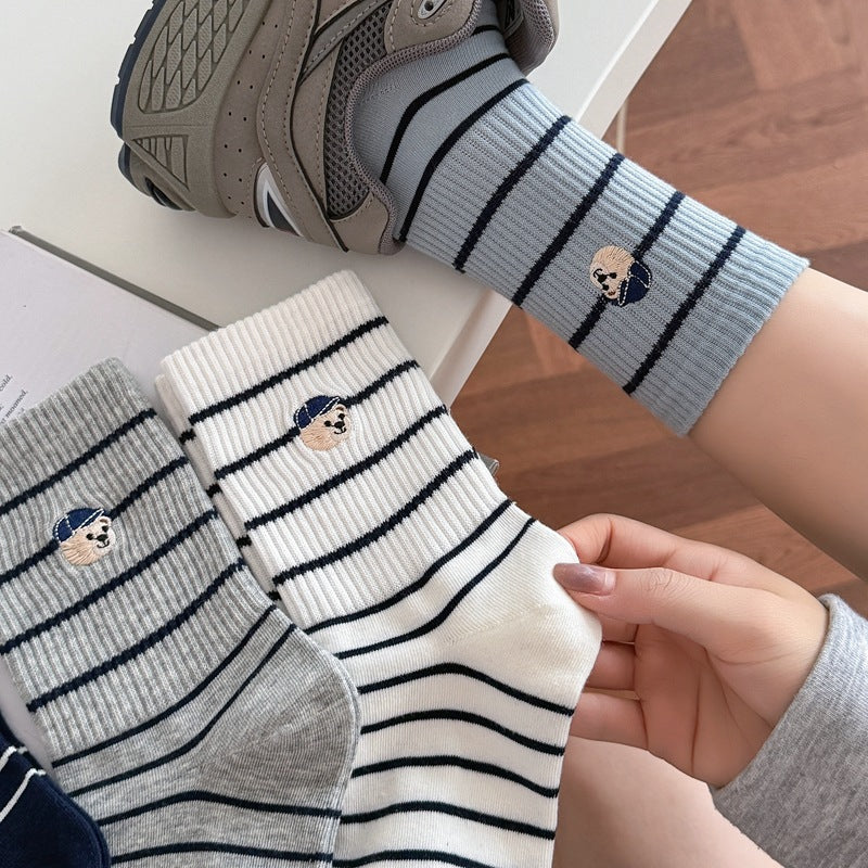 远润家日系袜子秋冬新品女中筒袜 条纹小熊刺绣堆堆袜子棉 女袜