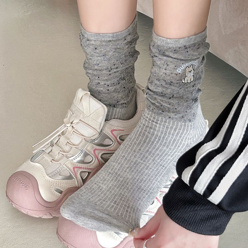 韩系miu袜子女氛围感甜美中筒袜小狗刺绣点子纱可爱ins堆堆袜无骨