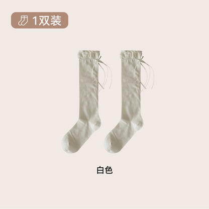 CHEEMY FREE秋冬简约日系纯色花边飘带中长筒袜子女显瘦小腿女袜