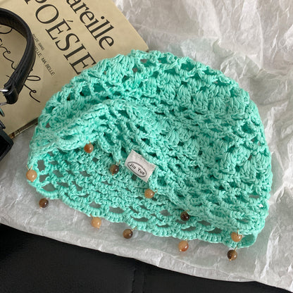 Haila - Solid Color Openwork Bead Charm Beanie