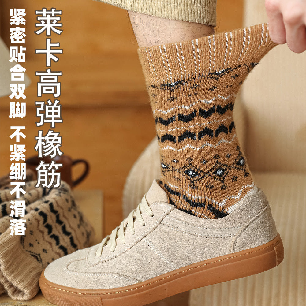 秋冬款巨厚加绒男士中筒羊毛保暖袜抑菌防臭复古费尔岛风袜子