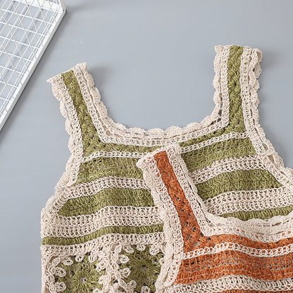 Vintage Floral Crochet Openwork Vest showing floral motif and color block detail