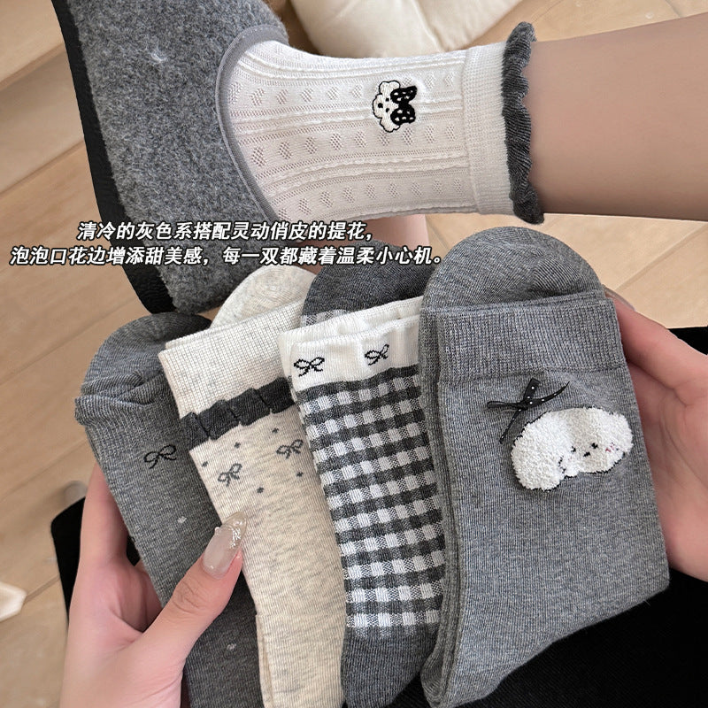 可爱袜子女秋季中筒袜无骨卡通小狗ins潮灰色长袜秋冬蝴蝶结女袜