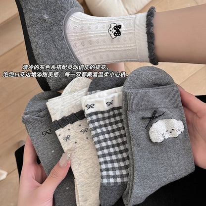 可爱袜子女秋季中筒袜无骨卡通小狗ins潮灰色长袜秋冬蝴蝶结女袜