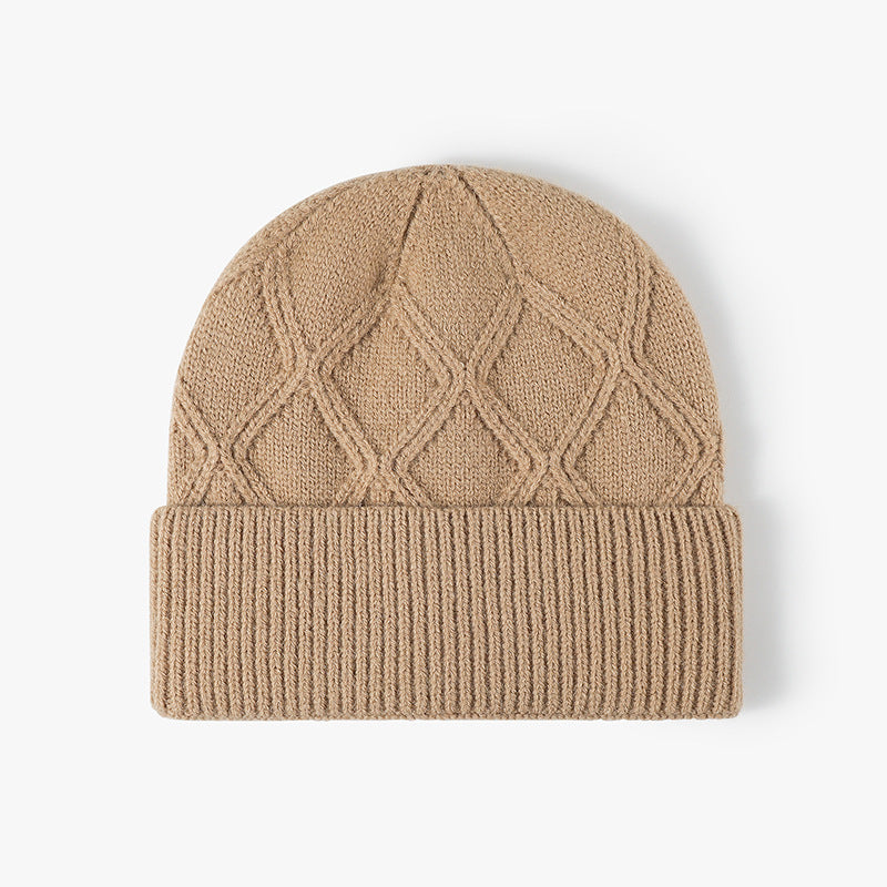 Khaki cable diamond faux rabbit knit beanie product view
