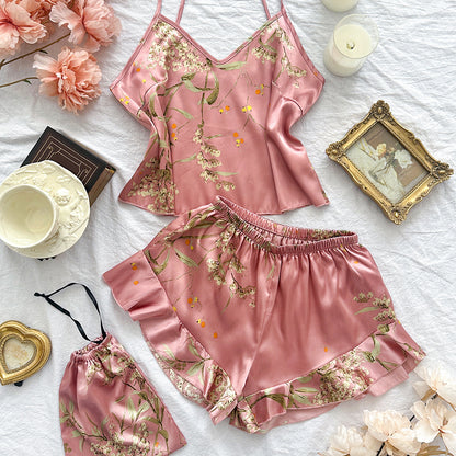 Cherry Blossom Pattern Faux Silk Pajama (2-Piece) accessory detail view