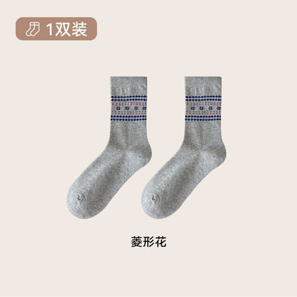 远润家秋冬新款麻灰碎花中筒女袜立体浮雕韩系花边无骨堆堆