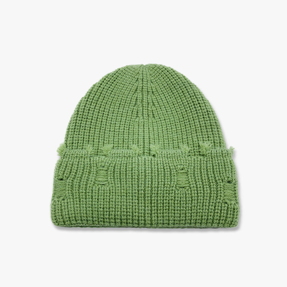 Haila - Solid Color Distressed Frayed Knitted Hat for Women