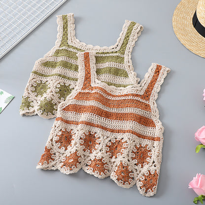 Vintage Floral Crochet Openwork Vest with floral motif and color block detail