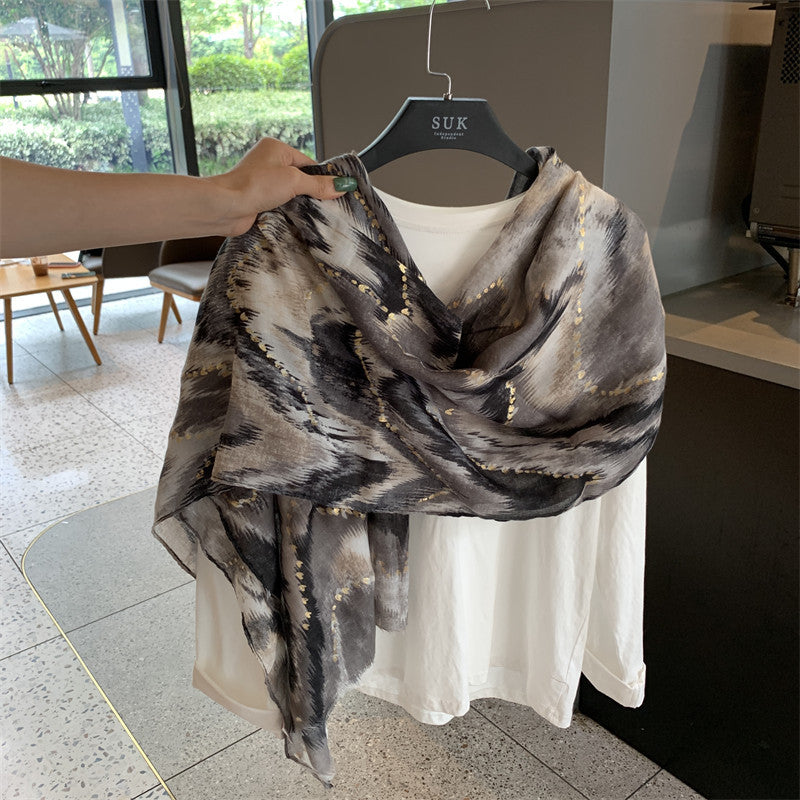 Product image for Scarvii - Abstract Wavy Gold-Accent Fringed Scarf (Black)
