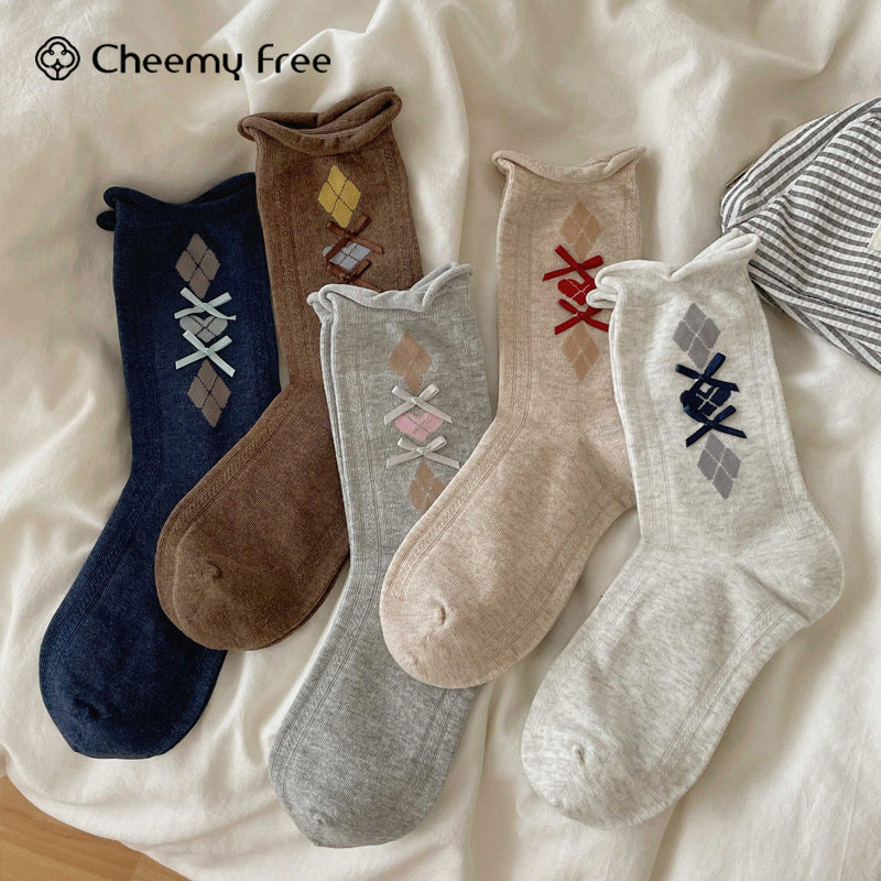 CHEEMY FREE卷边菱格蝴蝶结中筒女袜秋冬复古饰品无骨棉堆堆袜女