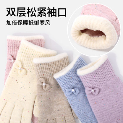 冬季成人手套女彩点蝴蝶结露指骑行手套女户外双层加厚保暖手套男