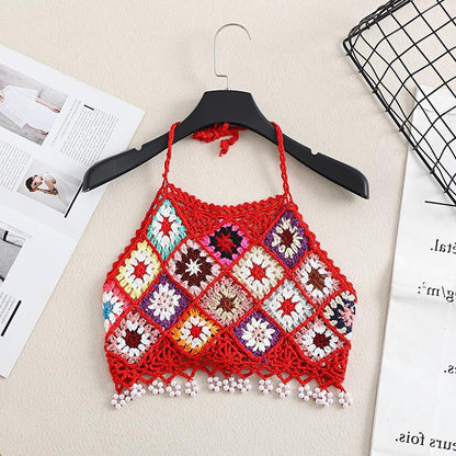 Bohemian Style Crochet Knit Crop Top showing knit texture and tassel detail