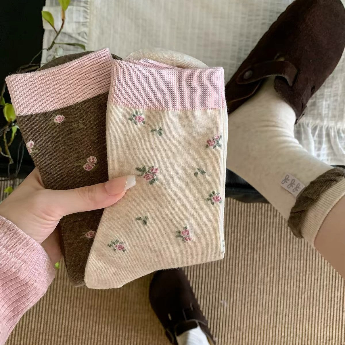 碎花袜子女中筒袜夏季薄款棉袜韩版日系复古咖色布标粉色撞色长袜