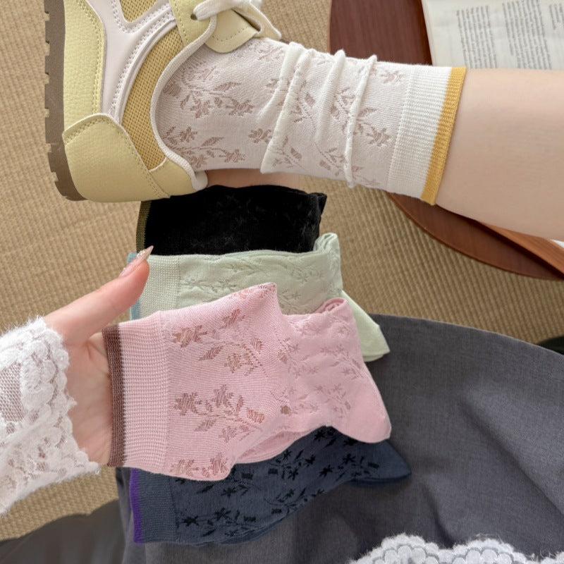 时尚百搭森系夏季薄款袜子女枝叶微风镂空卡丝女袜网红个性中筒袜