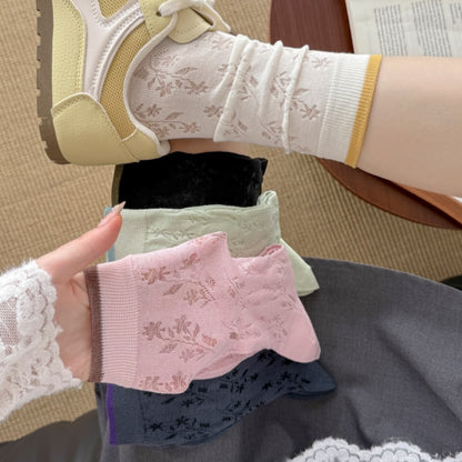 时尚百搭森系夏季薄款袜子女枝叶微风镂空卡丝女袜网红个性中筒袜