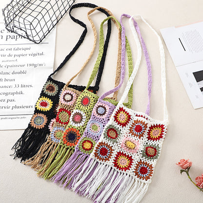 Side angle of Cosbai Bohemian tassel crochet crossbody bag showing texture