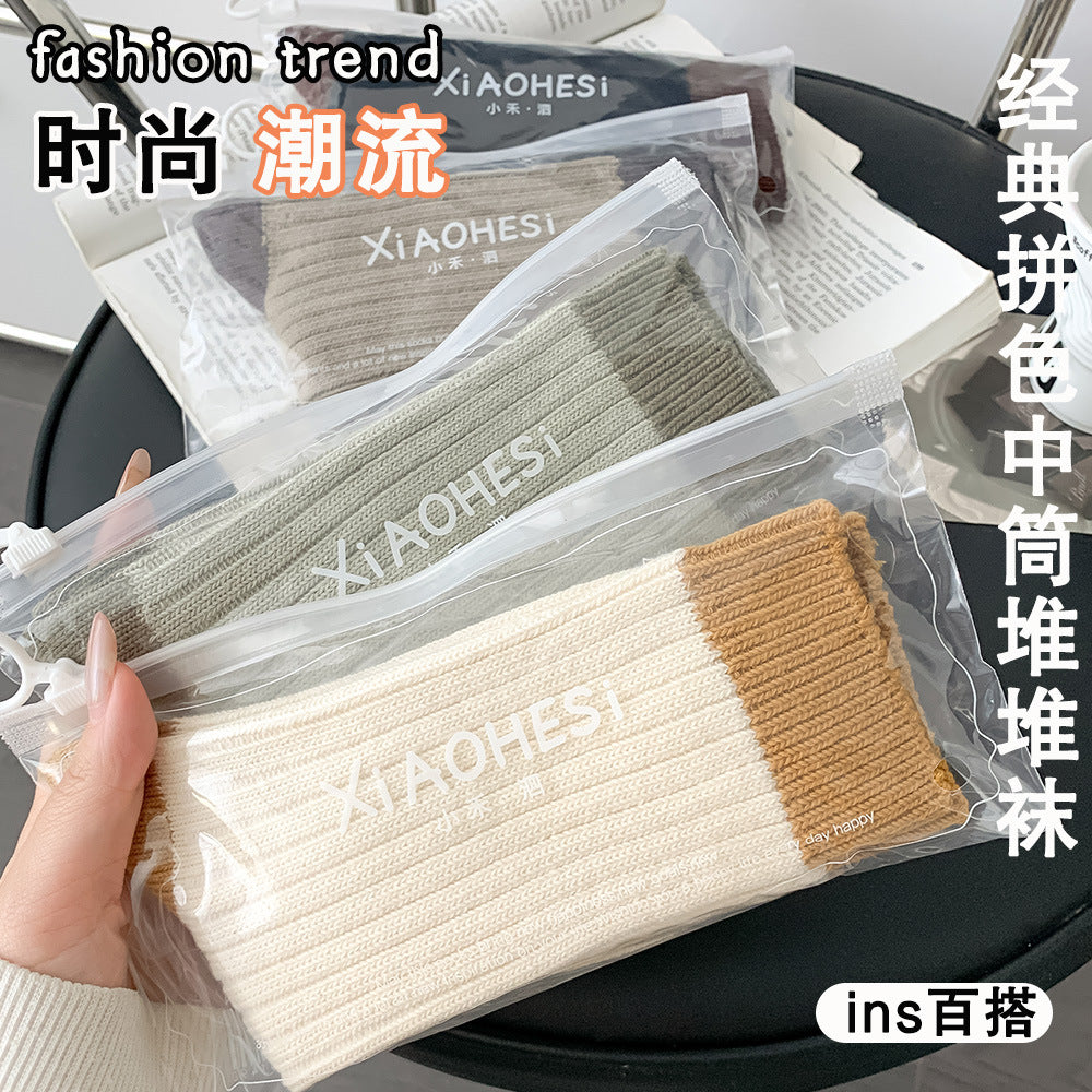 双针粗线袜子女秋冬加厚保暖堆堆袜ins系时尚撞色堆堆中筒袜