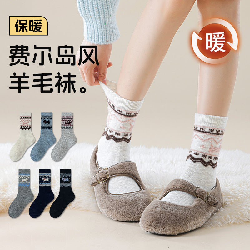 阿程家批发羊毛袜子女秋冬睡眠袜费尔岛加厚保暖中筒袜冬季堆堆袜