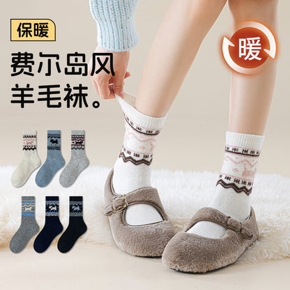 阿程家批发羊毛袜子女秋冬睡眠袜费尔岛加厚保暖中筒袜冬季堆堆袜