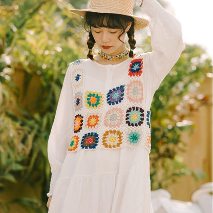 Model wearing Crosa Boho Crochet Camisole Tank Top in outdoor setting