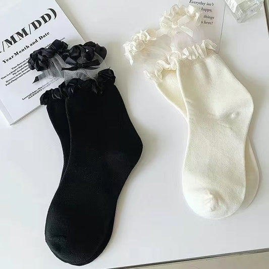 Rufia - Solid Color Lace Trim Bow Socks