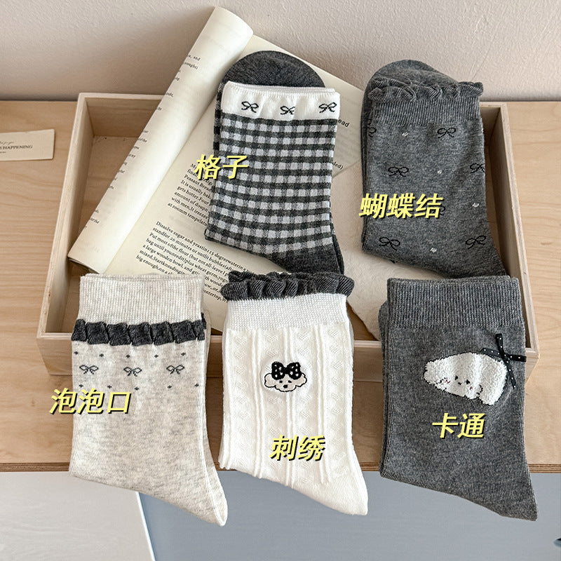 可爱袜子女秋季中筒袜无骨卡通小狗ins潮灰色长袜秋冬蝴蝶结女袜
