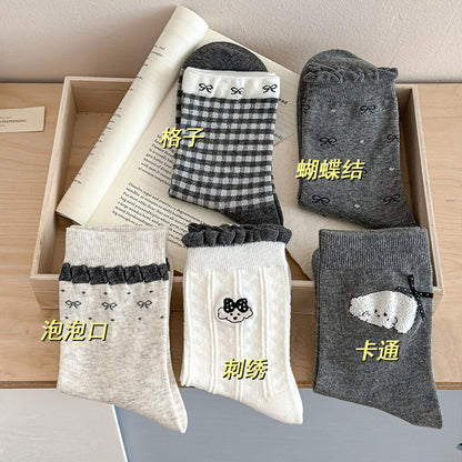 可爱袜子女秋季中筒袜无骨卡通小狗ins潮灰色长袜秋冬蝴蝶结女袜