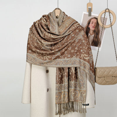 Product image for Scarvii - Paisley Floral-Vine Fringe Scarf (Brown)