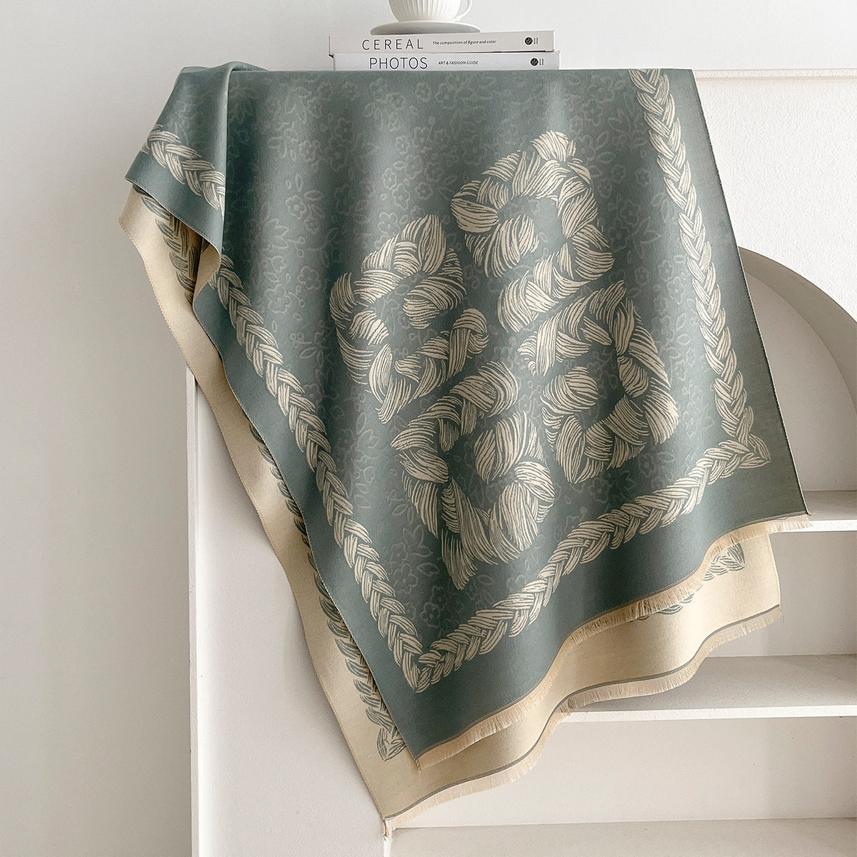 Product image for Scarvii - Floral Braid-Like Border Fringe Scarf (Deep Teal)