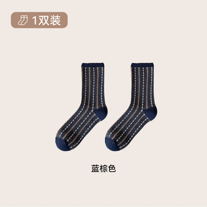 远润家秋冬复古日系条纹袜子女中筒百搭无骨潮流棉袜女堆堆袜子CH