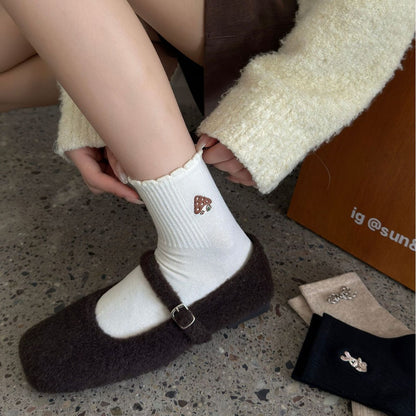 秋冬季棉袜子女中筒袜卡通刺绣花边袜可爱猫猫图案灰色运动袜女袜