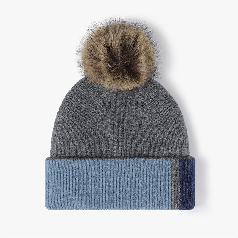 Gray colorblock plush lined pom knit beanie