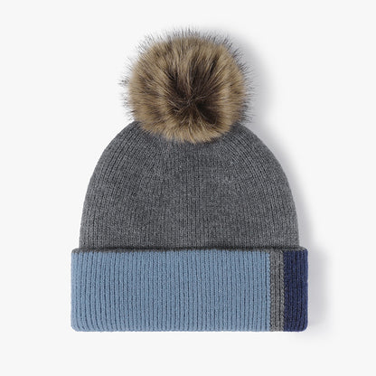 Gray colorblock plush lined pom knit beanie