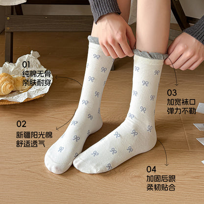 阿程家批发袜子女棉袜无骨JK洛丽塔蝴蝶结堆堆袜撞色中筒袜女款