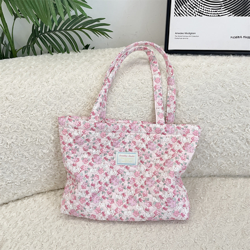 Cosbai - Floral Quilted Tote Bag with Cartoon Pattern