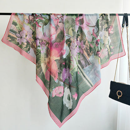 Scarvii - Watercolor Floral Stitched-Edge Square Scarf