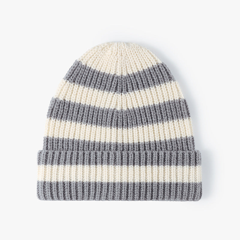 Ivory wide-stripe cuffed knit beanie product view