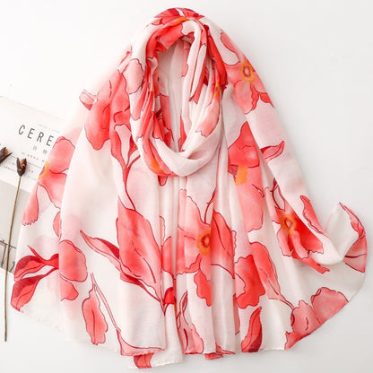 Red Watercolor Poppy Floral Wrap Scarf, draped front view