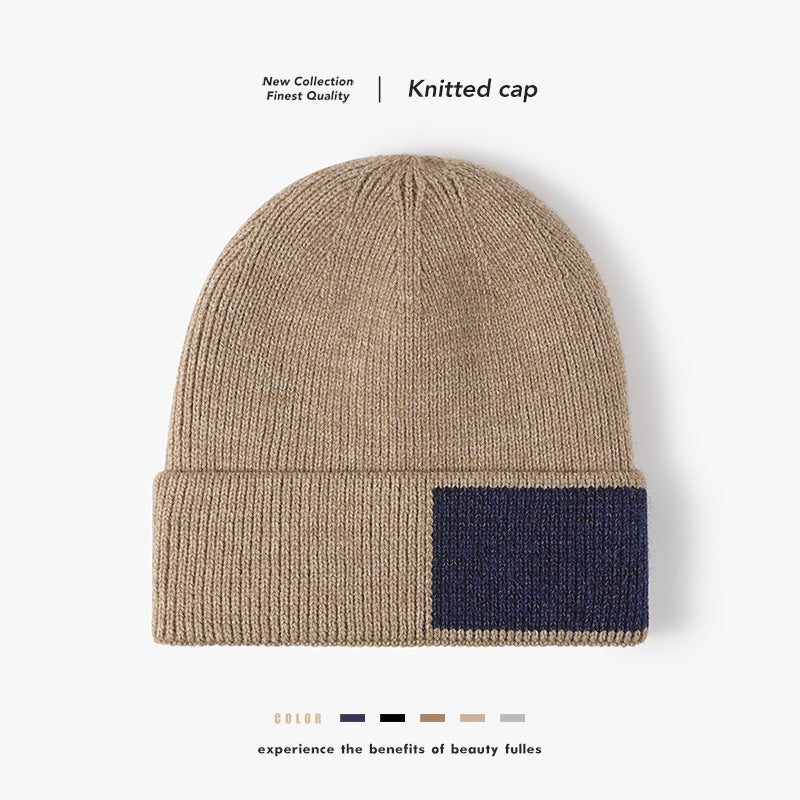 Navy faux fur-lined contrast patch knit beanie product view