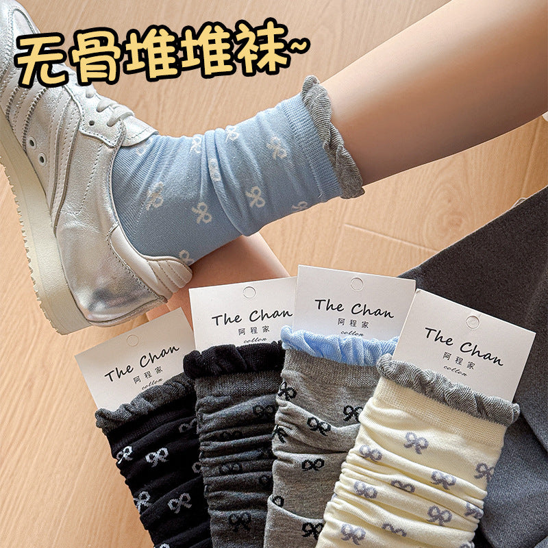 阿程家批发袜子女棉袜无骨JK洛丽塔蝴蝶结堆堆袜撞色中筒袜女款