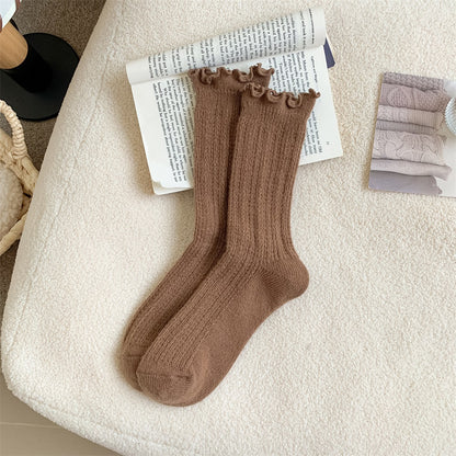 木耳边袜子女中筒袜秋冬季加厚保暖羊毛袜可爱花边简约纯色堆堆袜