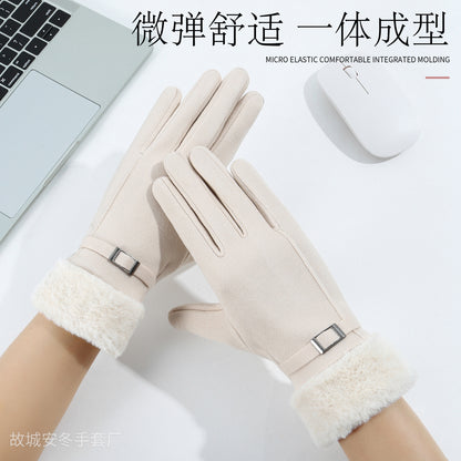 Gloving - Fuzzy Turned-Cuff Buckle Gloves