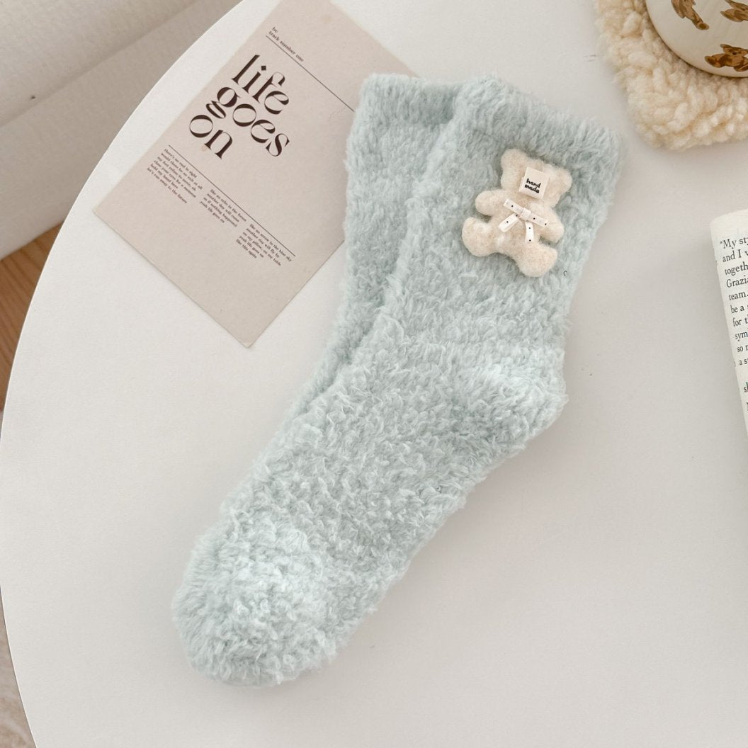 珊瑚绒袜子日系女中筒袜月子加厚保暖毛巾地板袜秋冬款加绒睡眠袜
