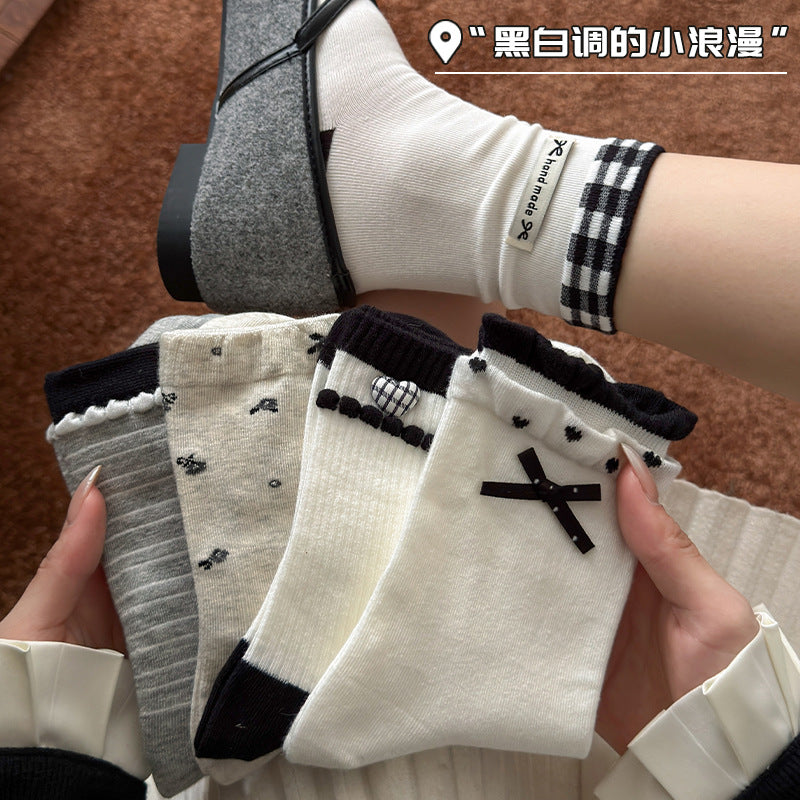 秋季袜子中筒袜女款防臭吸汗棉袜防臭吸汗黑白系甜美蝴蝶结堆堆袜