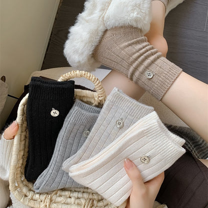 入冬加厚袜子 日系韩缝纽扣双针竖条加厚保暖羊毛袜ins韩系堆堆袜