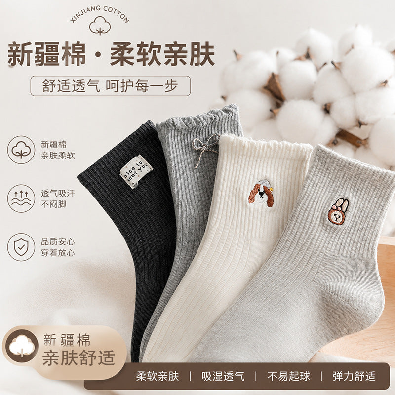 春秋卡通刺绣无骨中筒袜女士蝴蝶结花边透气亲肤可爱休闲长袜