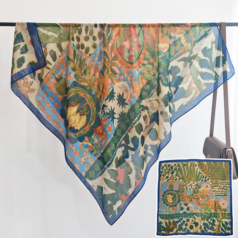 Scarvii - Floral Print Stitched Edge Square Scarf