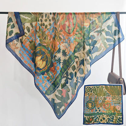 Scarvii - Floral Print Stitched Edge Square Scarf